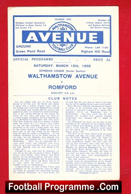 Walthamstow Avenue v Romford 1958