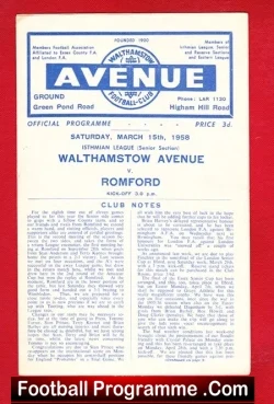 Walthamstow Avenue v Romford 1958 - football programme