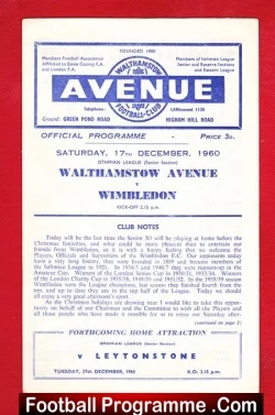 Walthamstow Avenue v Wimbledon 1960 - football programme