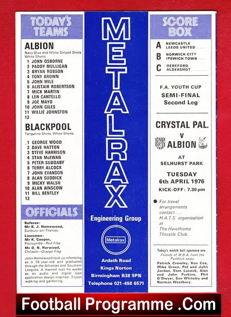 West Bromwich Albion v Blackpool 1976