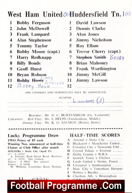 West Ham United v Huddersfield Town 1971