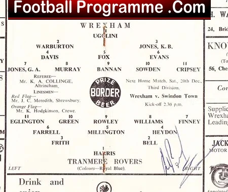 Wrexham v Tranmere Rovers 1958 - Signed