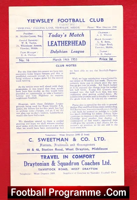 Yiewsley v Leatherhead 1953 – 1950s Programme