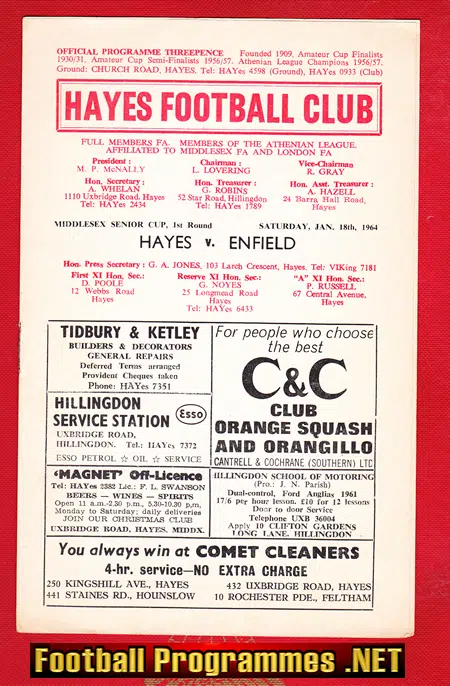 Hayes v Enfield 1964 - Football Programme