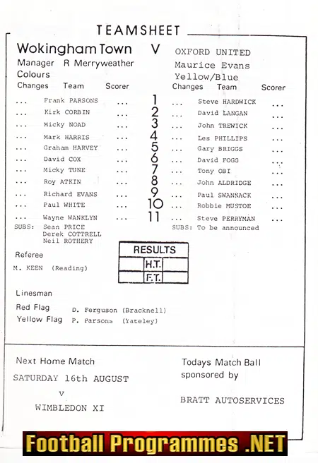 Wokingham Town v Oxford United 1986 - Pre Season Friendly