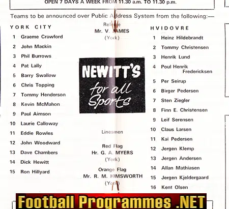 York City v Hvidovre 1971 - Copenhagen Denmark Friendly