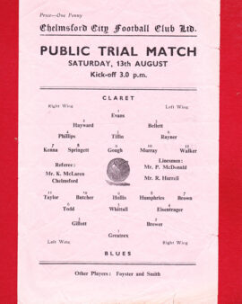 Chelmsford City Blues v Clarets 1960 Single Sheet Public Trials
