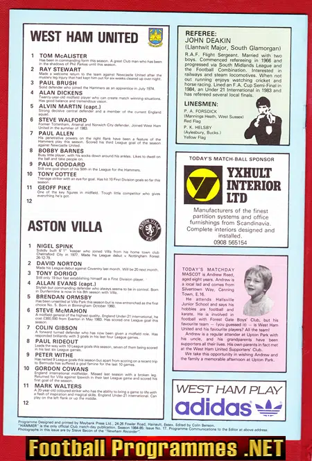 West Ham United v Aston Villa 1985