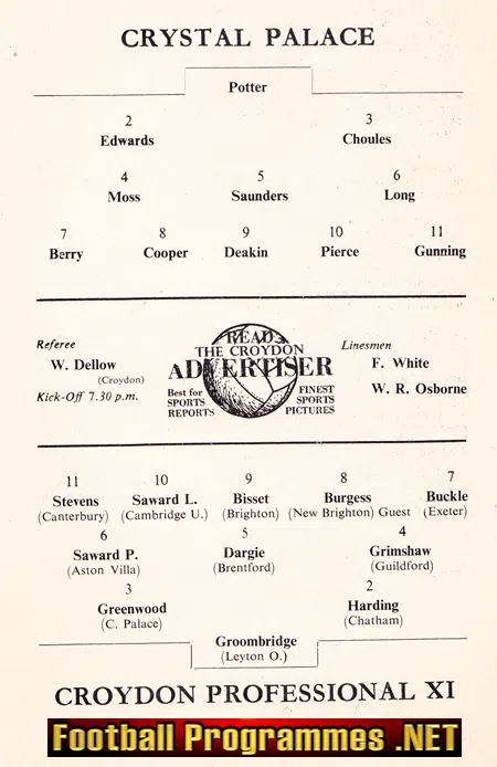 Crystal Palace v Croydon Professional X1 1956 - Friendly