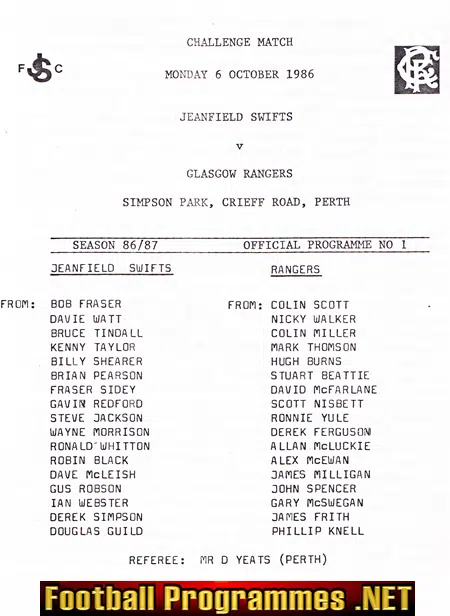 Jeanfield Swifts v Glasgow Rangers 1986 - Simpson Park - Crieff