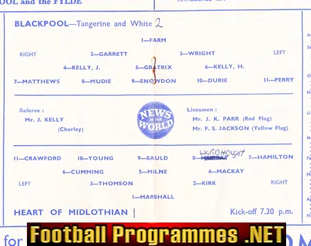 Blackpool v Heart Of Midlothian Hearts 1958 - Friendly Match