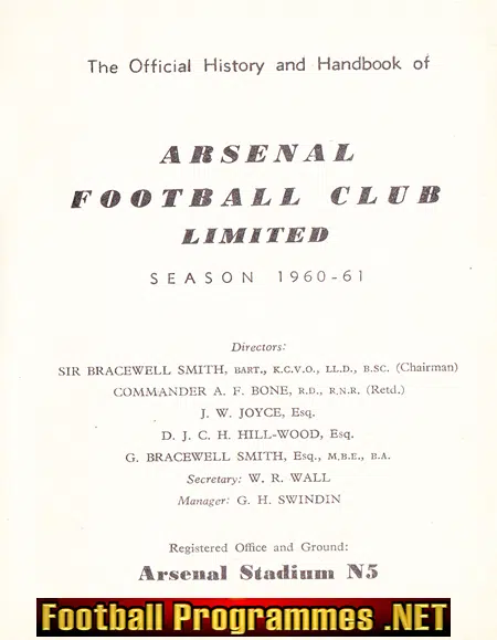 Arsenal Football Club Official Yearbook Handbook 1960 - 1961