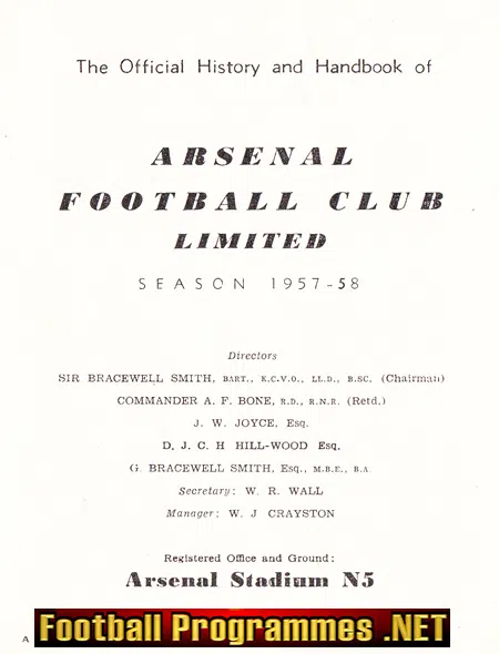 Arsenal Football Club Official Yearbook Handbook 1957 - 1958