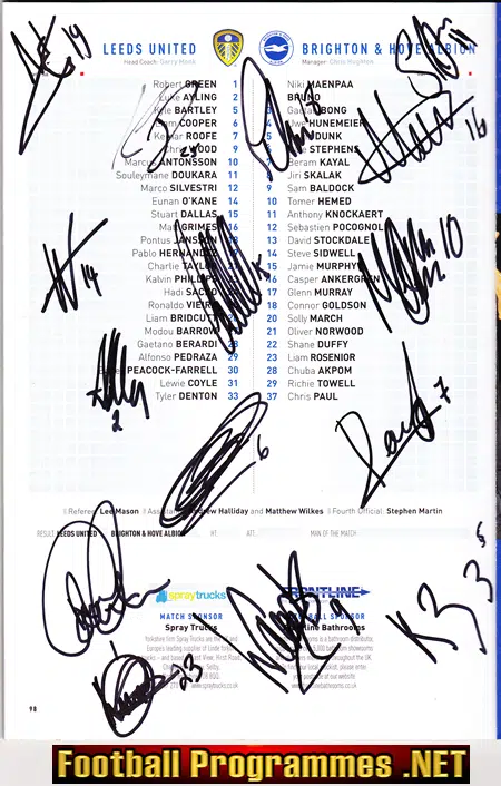 Leeds United v Brighton 2017 - Multi Signed Autographed