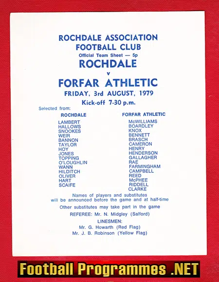 Rochdale v Forfar Athletic 1979 – Rare Team Sheet