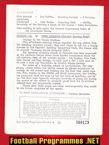 Weymouth Speedway Training School Championship 1971