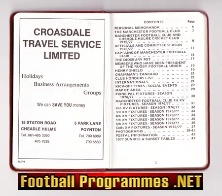 Manchester Rugby Football Club Diary Book 1976 - 1977
