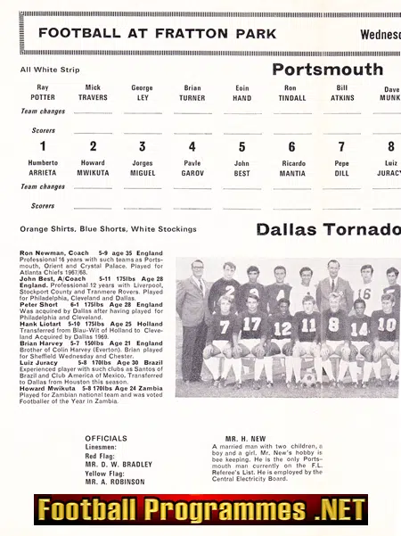 Portsmouth v Dallas Tornado 1969 - Friendly American Soccer USA