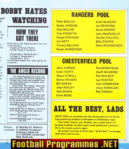 Glasgow Rangers v Chesterfield 1980 - Anglo Scottish Cup QF