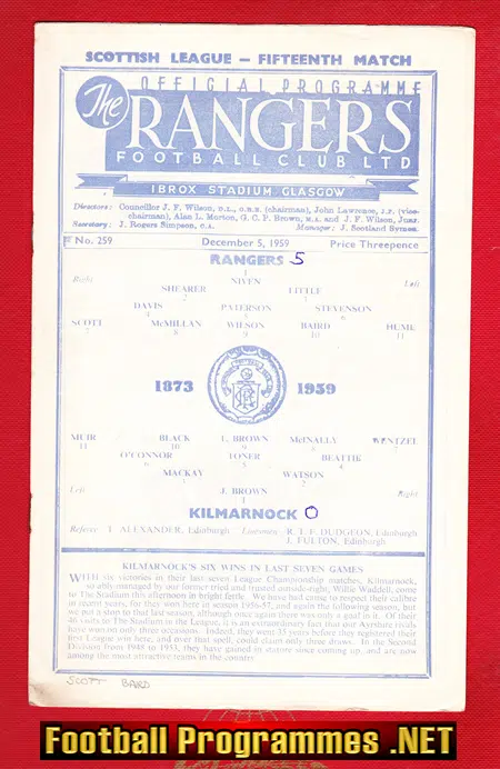 Glasgow Rangers v Kilmarnock 1959
