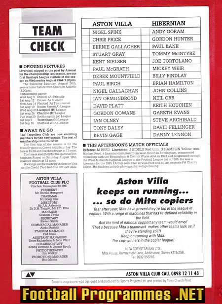 Aston Villa v Hibernian Hibs 1989 - Pre Season Friendly