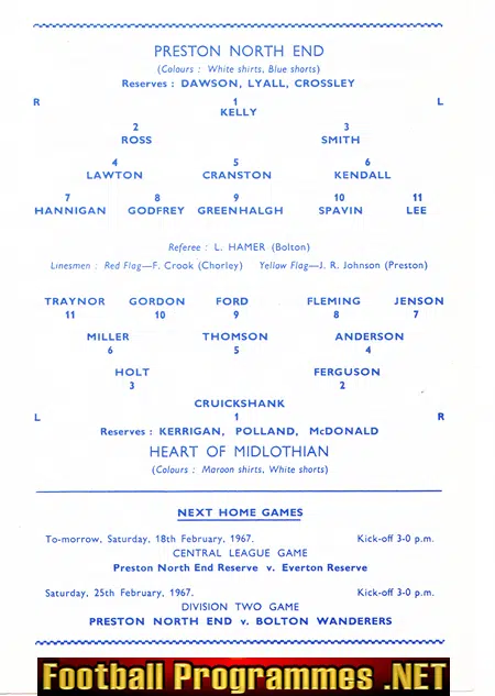 Preston North End v Heart Of Midlothian 1967 Floodlight Friendly