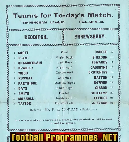 Shrewsbury Town v Redditch United 1922 Football Programme 1920's