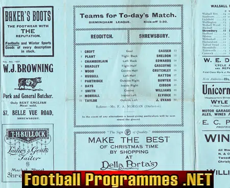 Shrewsbury Town v Redditch United 1922 Football Programme 1920's