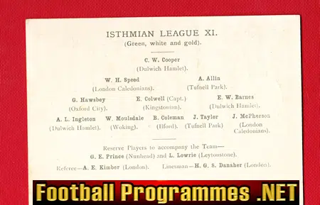 Isthmian League v Spartan League 1934 - At Clapton Players Card