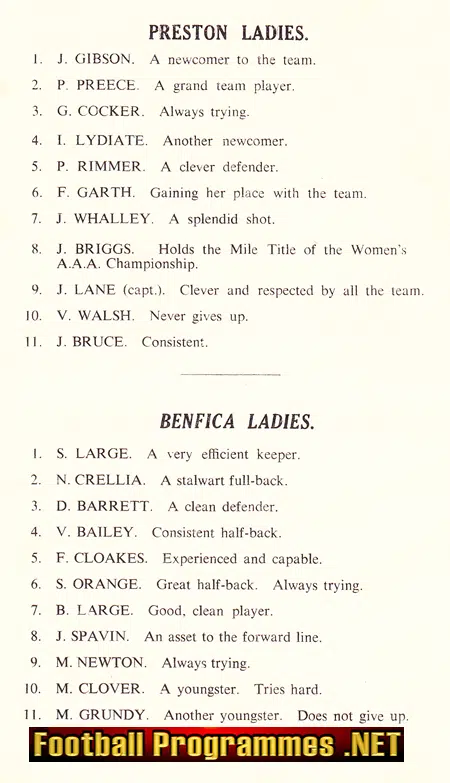 Preston Ladies v Benfica 1959 - Womens Football Match Programme
