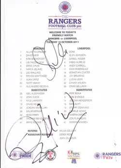 Glasgow Rangers v Liverpool 2011 - Multi Signed Team Sheet