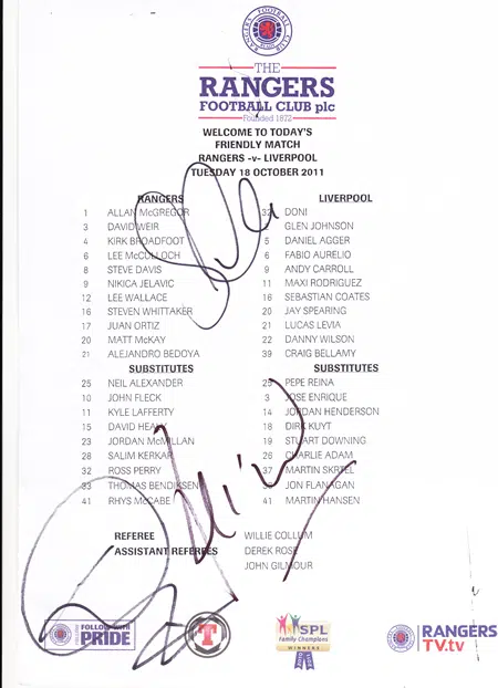 Glasgow Rangers v Liverpool 2011 - Multi Signed Team Sheet