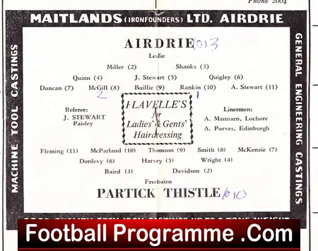 Airdrieonians Airdrie v Partick Thistle 1960s ? - no year