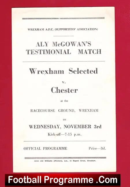 Aly McGowan Testimonial Benefit Match Wrexham 1965