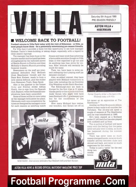 Aston Villa v Hibernian Hibs 1989 – Pre Season Friendly