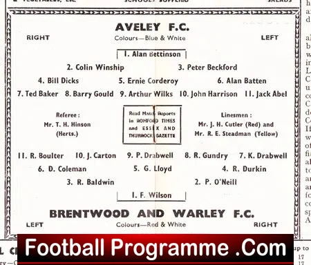 Aveley v Brentwood Warley 1963