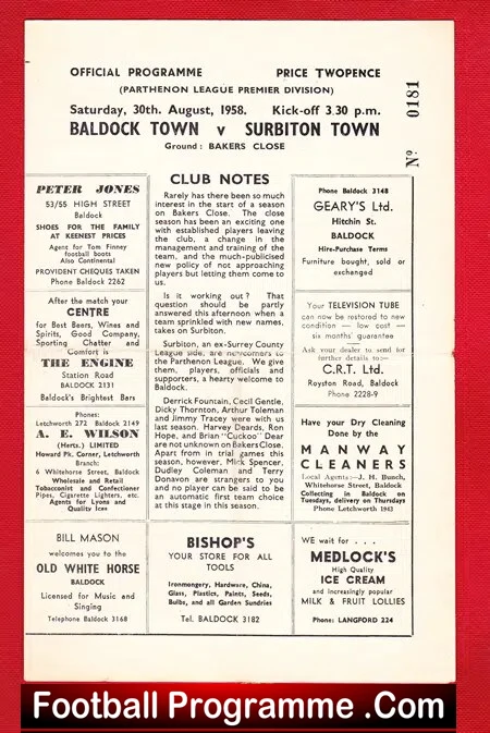 Baldock Town v Surbiton Town 1958 – Parthenon League