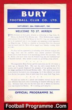 Bury v St Mirren 1965 - Friendly Match Gigg Lane - football programme