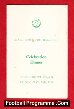Chard Town Football Club Celebration Dinner Menu 1954 - football memorabilia