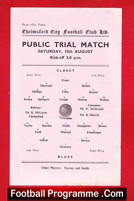 Chelmsford City Blues v Clarets 1960 Single Sheet Public Trials