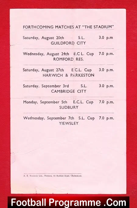 Chelmsford City Blues v Clarets 1960 Single Sheet Public Trials
