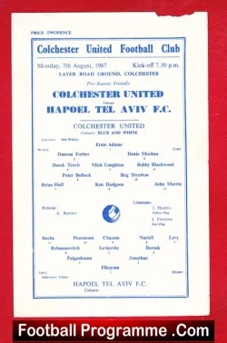 Colchester United v Hapoel Tel Aviv 1967 - Jewish Israel Signed - football programme