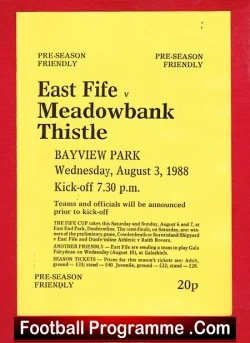 East Fife v Meadowbank Thistle 1988 - Pre Season Friendly - football programme