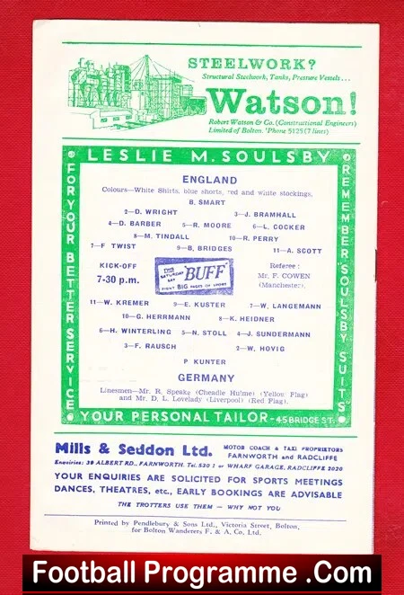 England v Germany 1958 - Youth International at Bolton Wanderers