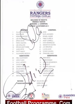 Glasgow Rangers v Liverpool 2011 - Multi Signed Team Sheet - football memorabilia