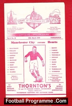 Heart Of Midlothian v Manchester City 1951 - Friendly Scotland - football programme