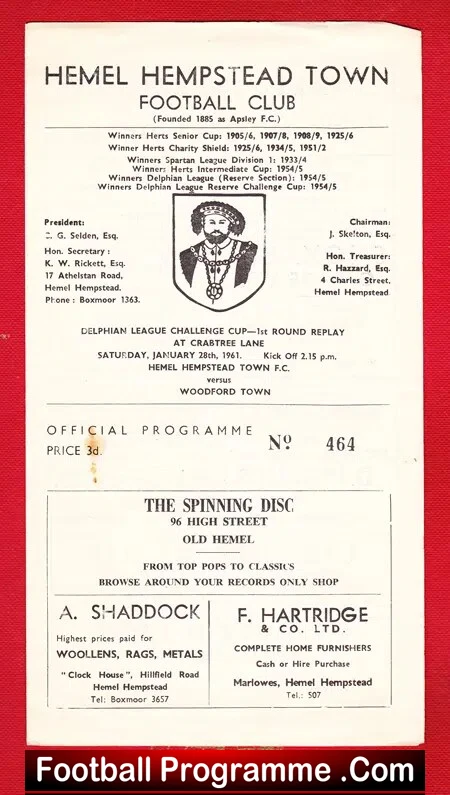 Hemel Hempstead Town v Woodford Town 1961 – League Cup Replay