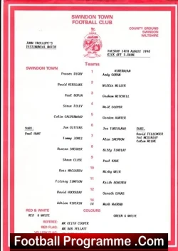 John Trollope Testimonial Benefit Match Swindon Town 1990 - Hibs - football programme