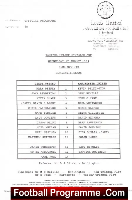 Leeds United v Manchester United 1994 – Reserves David Beckham