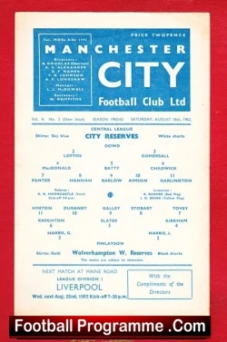 Manchester City v Wolves 1962 - Reserves Match - football programme